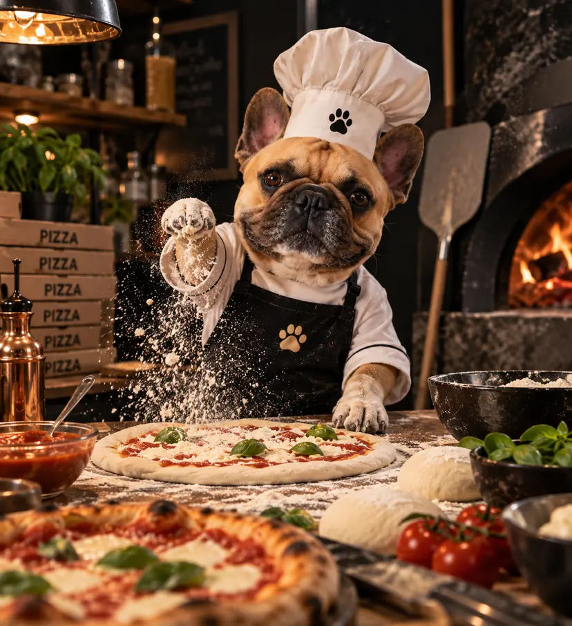 Léo en pizzaïolo, toque et tablier, saupoudre de la farine sur une pizza devant un four à bois.