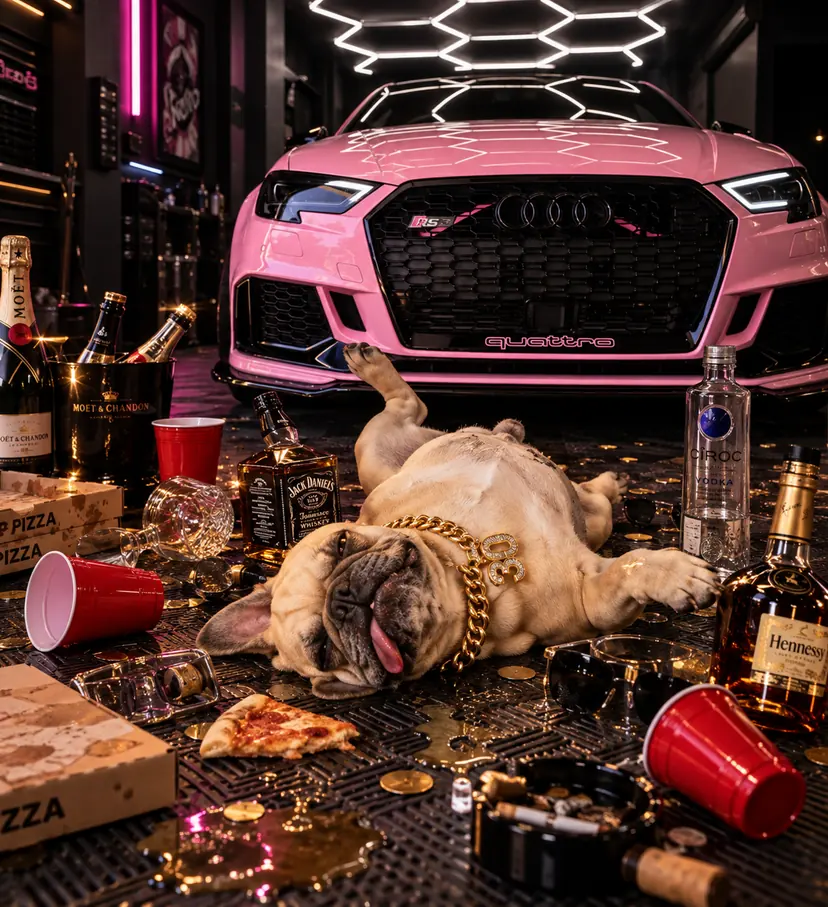 Léo étalé sur le sol du garage, langue pendante, entre les bouteilles vides et les parts de pizza, devant une Audi rose.