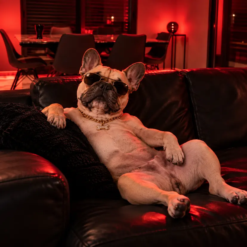 Léo, bouledogue français, lunettes noires et chaîne en or, avachi sur un canapé en cuir sous une lumière rouge.