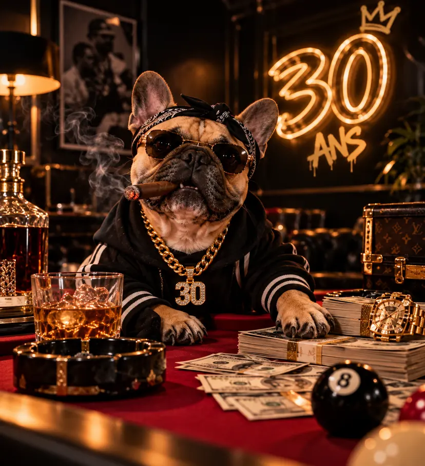 Léo en parrain : bandana, lunettes, cigare, chaîne « 30 », liasses de billets et néon « 30 ANS » derrière lui.