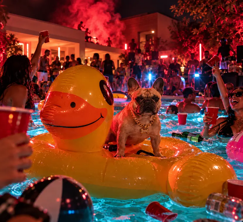 Léo sur un canard gonflable géant, chaîne en or au cou, au milieu d’une piscine pleine d’invités sous une fumée rouge.