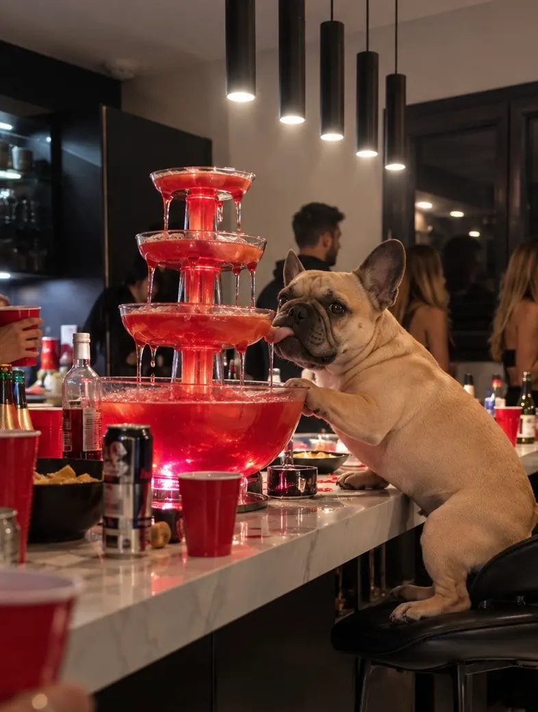 Léo debout sur un tabouret de bar, la langue dans la fontaine à punch rouge, au milieu des invités.