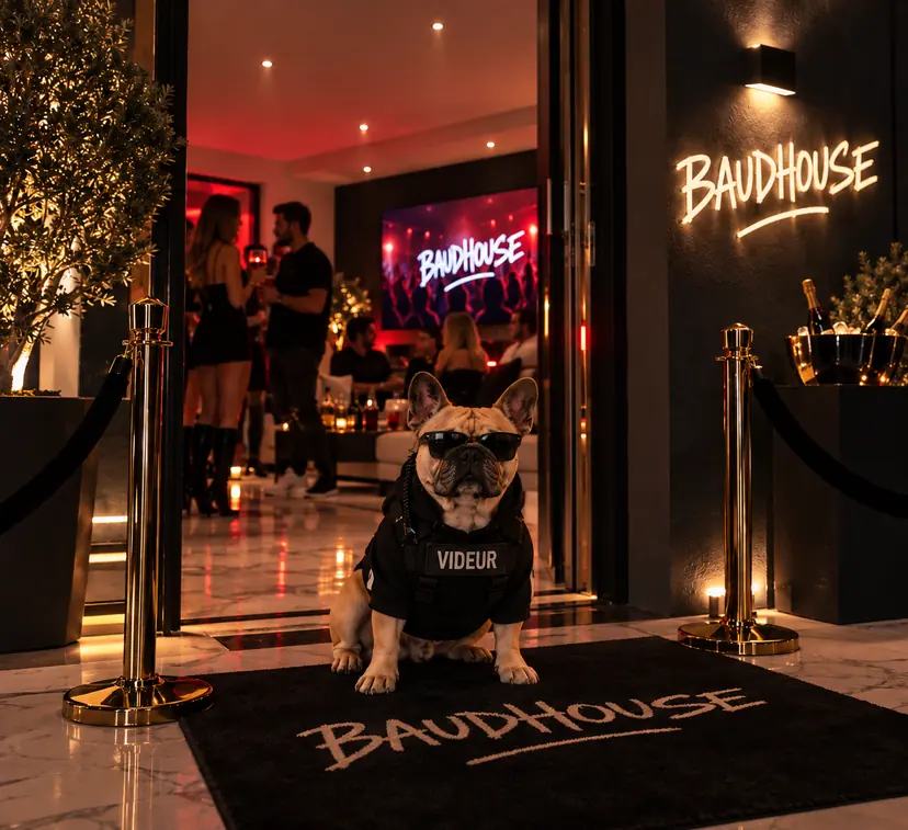 Léo en videur, gilet « VIDEUR » et lunettes noires, assis sur le tapis BAUDHOUSE entre deux poteaux dorés, à l’entrée de la soirée.